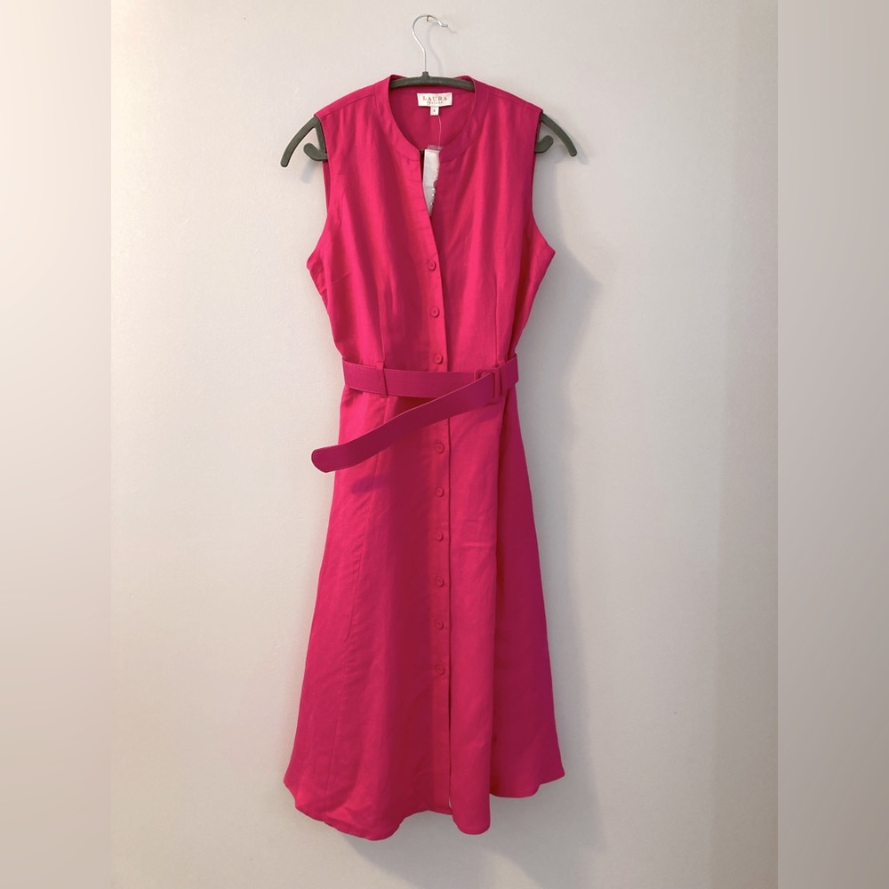 Laura Pink Linen Shirt Dress with Belt -Petite